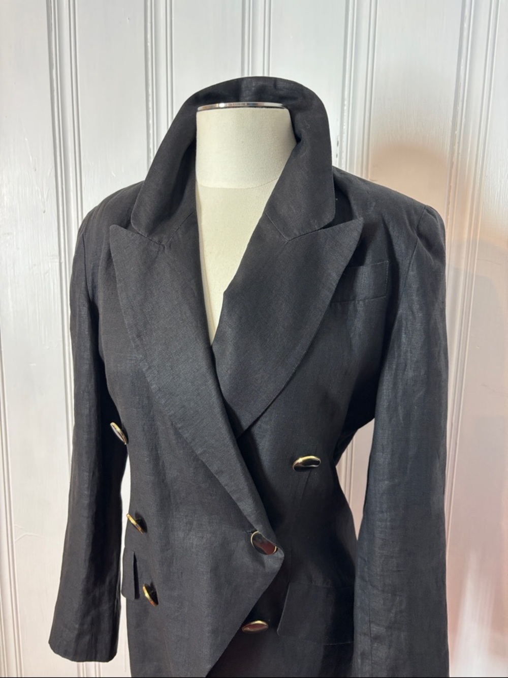 Vintage HOLT RENFREW Double-Breasted Black Linen Blazer | Size Medium estimated